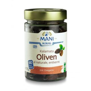 Kalamata Oliven entkernt, 175 gr Glas, Mani Bläuel