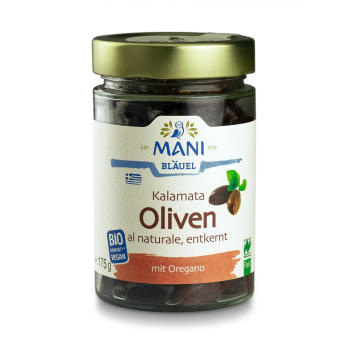 Kalamata Oliven entkernt mit Oregano, Glas, Mani Bläuel